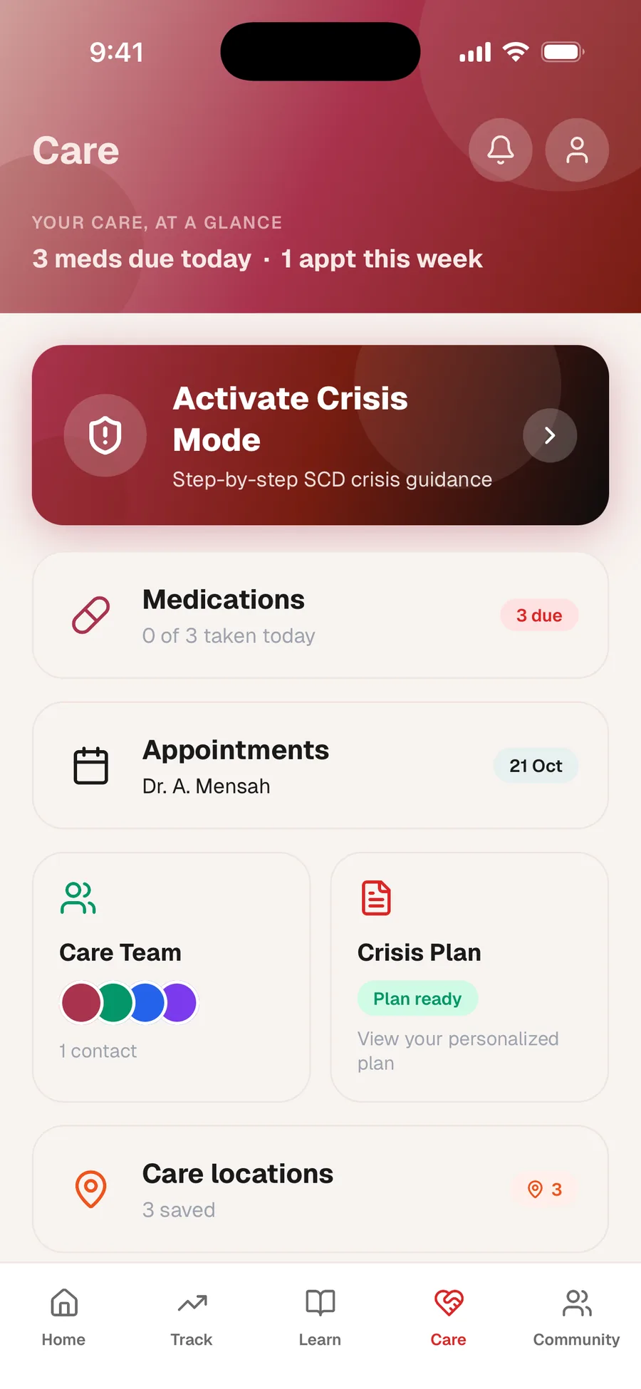 Hemo's Care screen with Crisis Mode, medications, appointments, care team and crisis plan