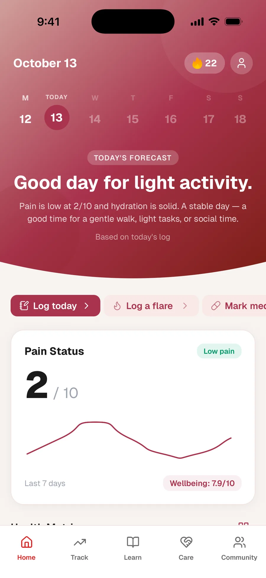 Hemo's home screen with the week's calendar, quick logging buttons and pain status