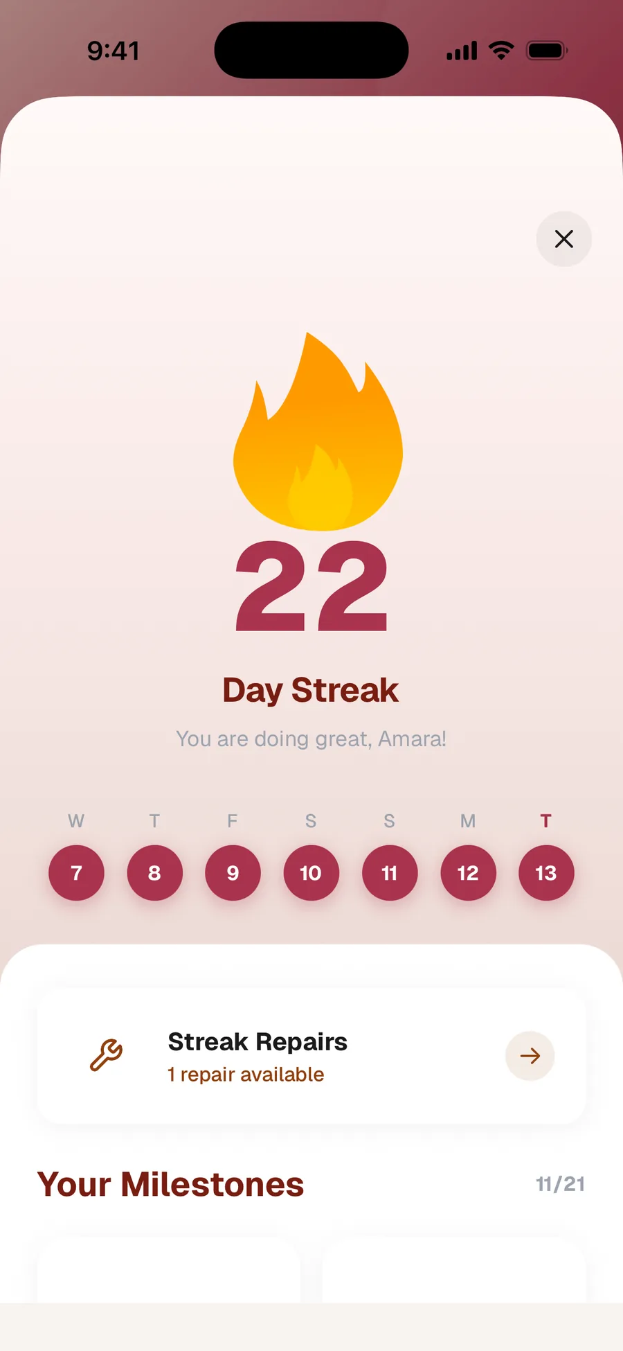 Hemo's daily check-in streak with weekly stats